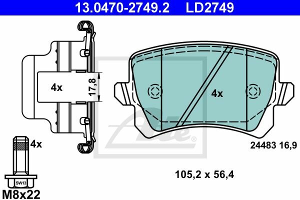 ATE Ceramic Bremsbelagsatz hinten f&uuml;r AUDI A6 (4F) PR-Code: 1KD, 2ED