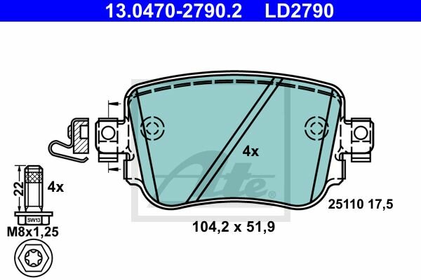 ATE Ceramic Bremsbelagsatz hinten f&uuml;r VW POLO VI (AW, AW1, BZ1) PR-Code: 1KE