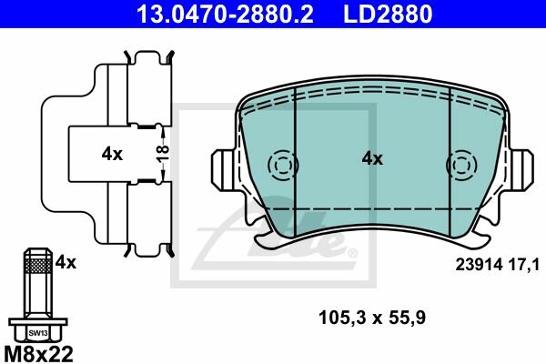 ATE Ceramic Bremsbelagsatz hinten f&uuml;r AUDI A3 (8P) PR-Code: 1KE, 1KZ