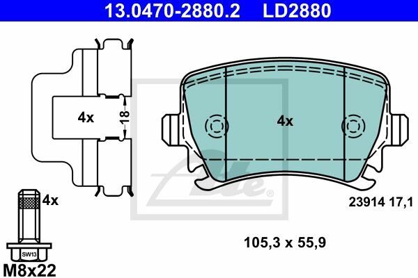 ATE Ceramic Bremsbelagsatz hinten f&uuml;r AUDI A3 Cabriolet (8P) PR-Code: 1KZ