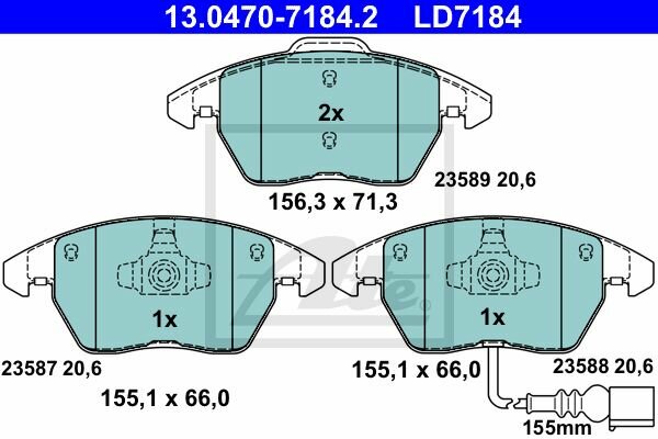 ATE Ceramic Bremsbelagsatz vorne f&uuml;r AUDI A3 Cabriolet (8P) PR-Code: 1LJ, 1ZA, 1ZE