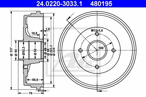 2x ATE Bremstrommel hinten f&uuml;r RENAULT CLIO III (BR0/1, CR0/1)