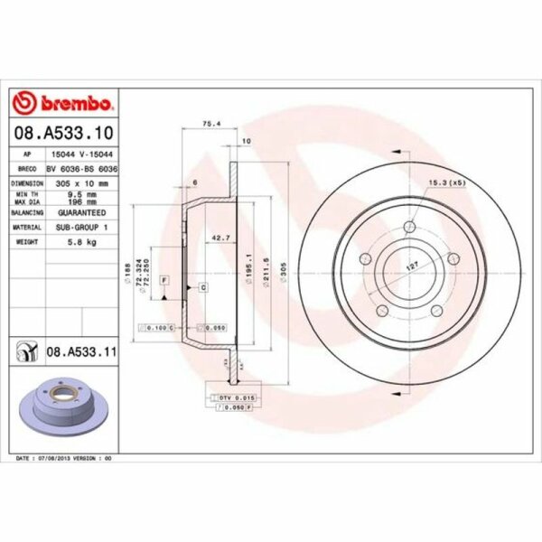 2x BREMBO Bremsscheibe hinten f&uuml;r JEEP GRAND CHEROKEE II (WJ, WG)