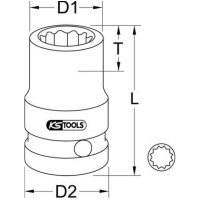 KS TOOLS 1/2" 12-kant-Kraft-Stecknuss,kurz,1"